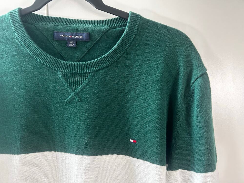 Tommy Hilfiger Green White Navy Colorblock Crewneck Sweater Men’s L Flag Logo